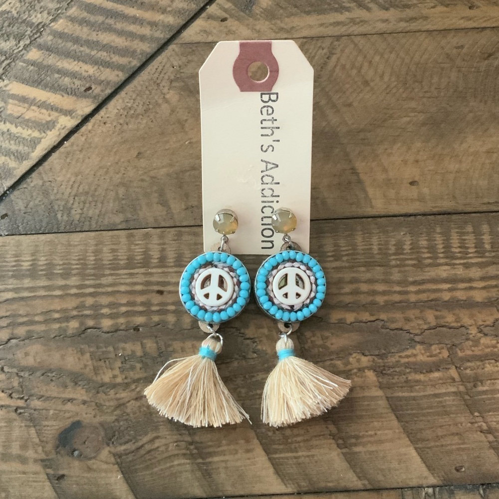 Beths Addiction Peace Sign Tassel Earrings NWT